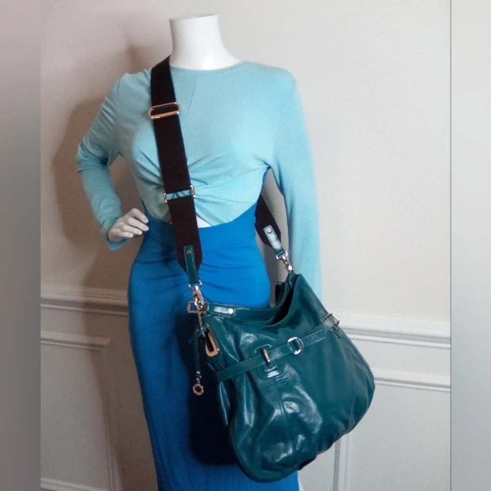 Teal Leather Shoulder Bag with removable Crossbody Strap.